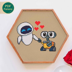 Wall-E and Eve Cross Stitch Pattern, Wall-E move, True Love, Kawaii, In Love, Hearts, Robots, Space, Cute, Travelling, Earth, Pattern PDF