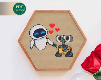 Wall-E and Eve Cross Stitch Pattern, Wall-E move, True Love, Kawaii, In Love, Hearts, Robots, Space, Cute, Travelling, Earth, Pattern PDF