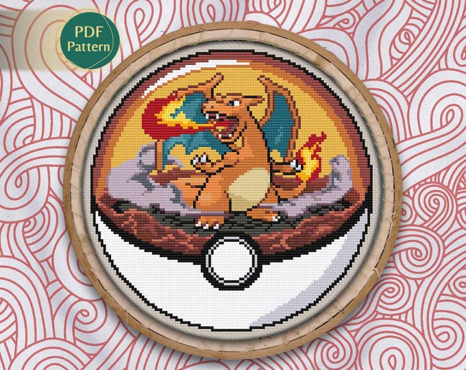 Charizard Pokeball Cross Stitch PDF – Fire/Flying Type Pattern, Volcano, Flames, Crater, Smoke, Counted Stitch, Instant Download