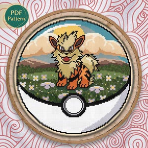 Padrão de ponto cruz tipo fogo, terrário de pokebola Arcanine, ponto cruz contado, cottagecore, kawaii, flores, pôr do sol, laranja, padrão