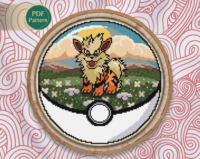 Arcanine Pokeball Cross Stitch PDF – Fire Type Pattern, Counted Stitch, Cottagecore Flowers, Kawaii Sunset Scene, Instant Download