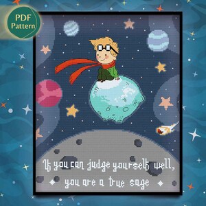 Patrón Punto de Cruz Niño en el Espacio – Arte Infantil, Planetas, Estrellas, Constelaciones, Kawaii, PDF Descargable