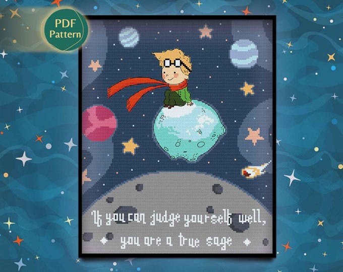 Patrón Punto de Cruz Niño en el Espacio – Arte Infantil, Planetas, Estrellas, Constelaciones, Kawaii, PDF Descargable
