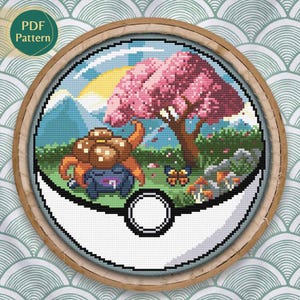 Sombere Pokeball-kruissteek pdf – gras/giftype patroon, getelde steek, sakura, vlinder, berglandschap, direct downloaden