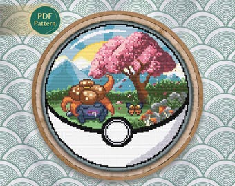Gloom Pokeball Cross Stitch PDF – Grass/Poison Type Pattern, Counted Stitch, Sakura, Butterfly, Mountain Landscape, Instant Download
