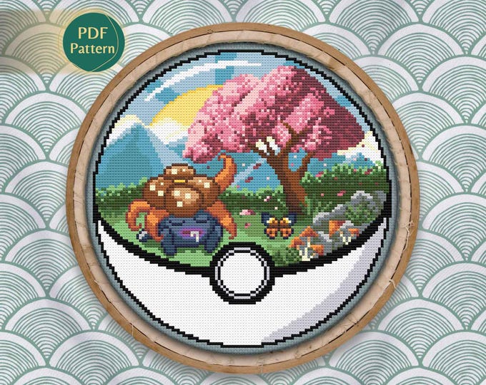 Gloom Pokeball Cross Stitch PDF – Grass/Poison Type Pattern, Counted Stitch, Sakura, Butterfly, Mountain Landscape, Instant Download