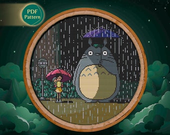 Totoro Cross Stitch Pattern, Counted cross stitch, My Neighbor Totoro, Satsuki kusakabe, Mei kusakabe, In the rain, Rainy, Shades of gray