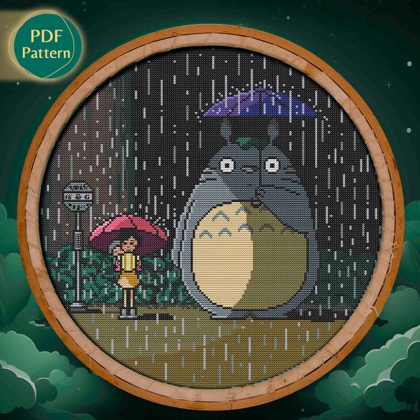 Totoro Cross Stitch Pattern, Counted cross stitch, My Neighbor Totoro, Satsuki kusakabe, Mei kusakabe, In the rain, Rainy, Shades of gray