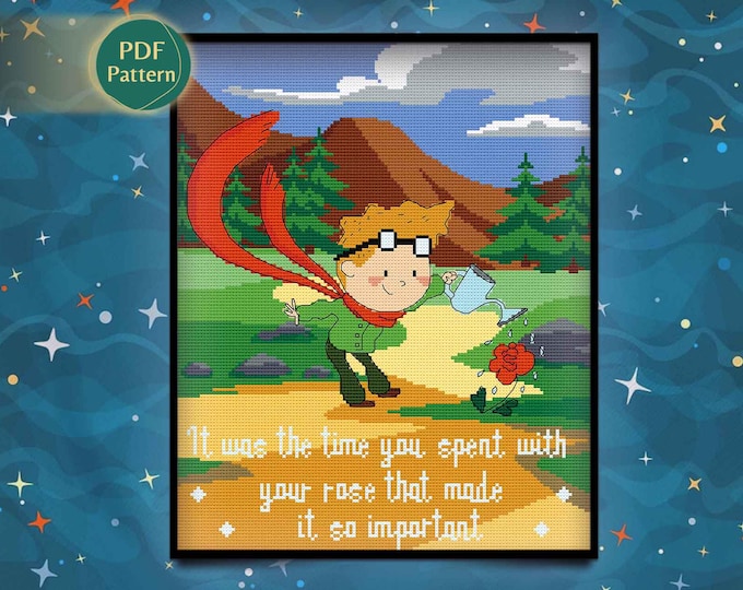 Little Boy & Rose Cross Stitch Pattern – Mountains, Forest, Sky, Kawaii Style, Instant PDF