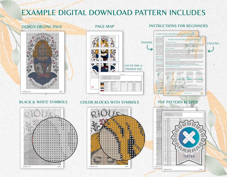 May include: A digital cross-stitch pattern download includes a design on one page, a page map, a list of DMC floss colors and finished size, black and white symbols, color blocks with symbols, and a PDF pattern keeper. The pattern features a colorful illustration of a woman with the text "CURIOUSER AND CURIOUSER".