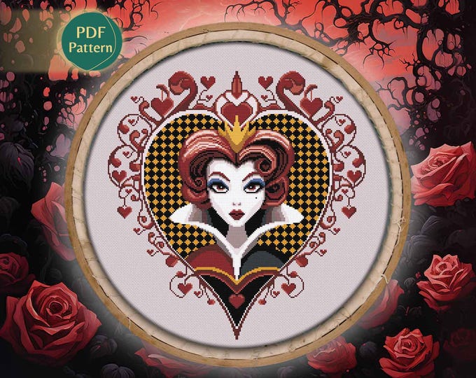 Queen of Hearts Cross Stitch Pattern PDF – Female Villain, Wonderland, Deck of Cards, Ace of Hearts, Gothic Fantasy, Instant Download