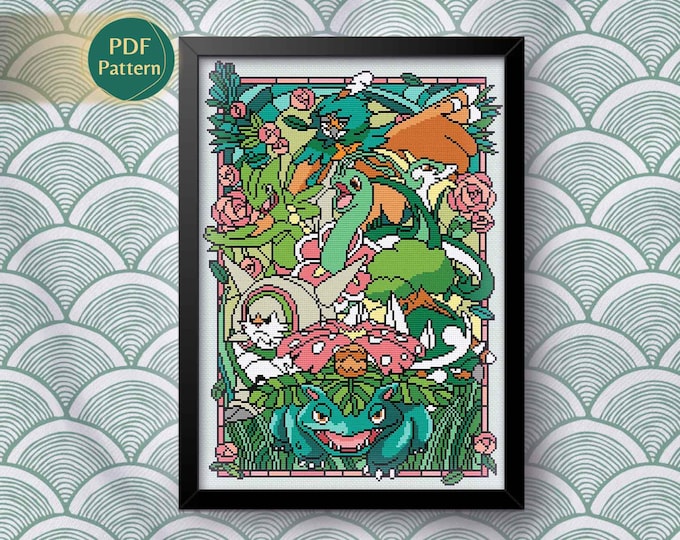 Grass Guardian Cross Stitch PDF – Stained Glass Style Pattern, Leaf Creatures, Forest Fantasy Design, Instant Download
