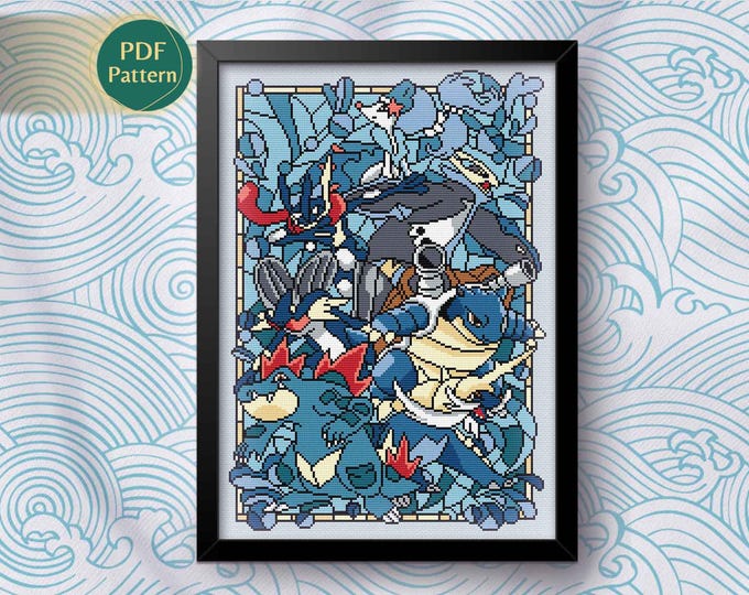 Water Guardian Cross Stitch PDF – Stained Glass Style Pattern, Aquatic Monsters, Legendary & Starter-Inspired, Instant Download