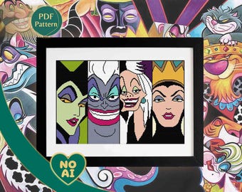 Maleficent Ursula Cruella Evil Queen Villains Cross Stitch Pattern PDF