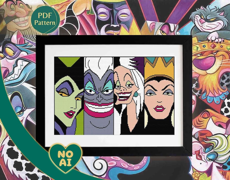 Maleficent Ursula Cruella Evil Queen Villains Cross Stitch Pattern PDF image 1