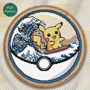Elektrisch type kruissteekpatroon, Pokeball-terrarium Pikachu, getelde kruissteek, The Great Wave off Kanagawa, oceaan, marineblauw, surfen