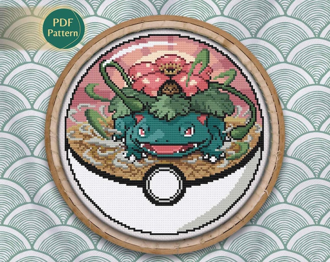 Venusaur Pokeball Cross Stitch PDF – Grass/Poison Type Pattern, Counted Stitch, Flower Attack, Ground Nature Scene, Instant Download