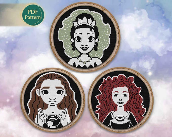 Princesses Cross Stitch PDF Pack – 3 Patterns: Vaiana, Merida y Tiana, Frog, Pig, Hen, Horse, Bear, Silhouette, Ocean, PDF