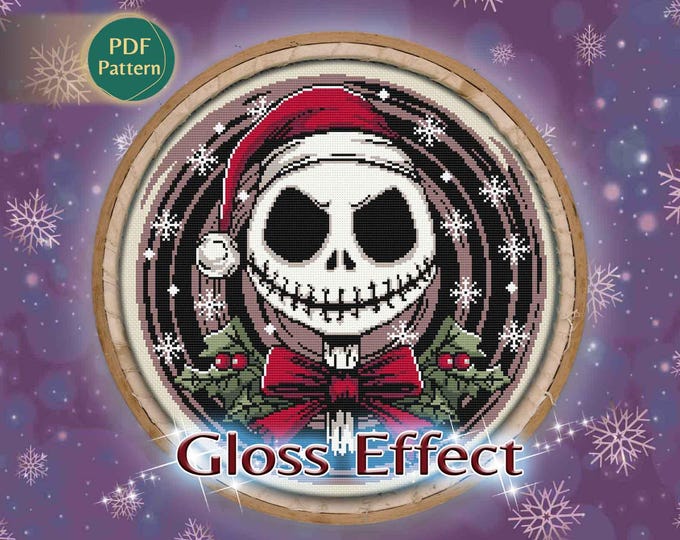 Spooky Christmas Cross Stitch Pattern – Skeleton Santa, Snowflake, Gothic Holiday Decor, Gloss Effect, Counted Stitch, PDF Download