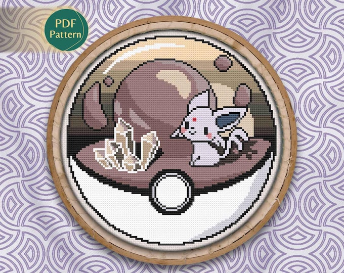 Espeon Pokeball Cross Stitch PDF – Psychic Type Pattern, Kawaii Eeveelution Fox, Pastel Pink Bubbles & Crystals, Instant Download