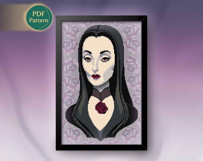 Gothic Woman Cross Stitch Pattern – Dark Roses, Elegant Style, Counted Stitch, Instant PDF Download