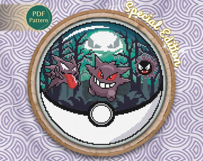 Gengar Pokeball Terrarium Cross Stitch PDF – Ghost/Poison Type, Counted Pattern, Spooky Purple, Jungle, Full Moon, Instant Download