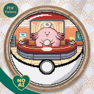 May include: A cross-stitch pattern featuring a pink Chansey character inside a red and white Poké Ball. The design includes a wooden embroidery hoop, with the text "PDF Pattern" and "NO AI" visible.
