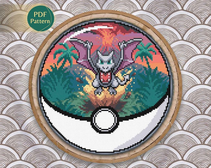 Aerodactyl Pokeball Cross Stitch PDF – Rock/Flying Type Pattern, Fossil Dinosaur Scene, Volcanic Landscape, Instant Download