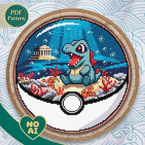 Totodile Inspired Kawaii Water Splash Terrarium Cross Stitch Pattern PDF