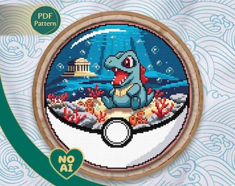 Totodile Inspired Kawaii Water Splash Terrarium Cross Stitch Pattern PDF