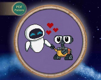 Roboter Liebe Kreuzstichmuster - Weltraum Romantik, Kawaii Roboter verliebt, Sterne & Erde, niedlich PDF-Download