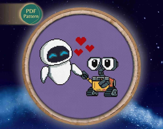 Robot Love Cross Stitch Pattern – Space Romance, Kawaii Robots in Love, Stars & Earth, Cute PDF Download