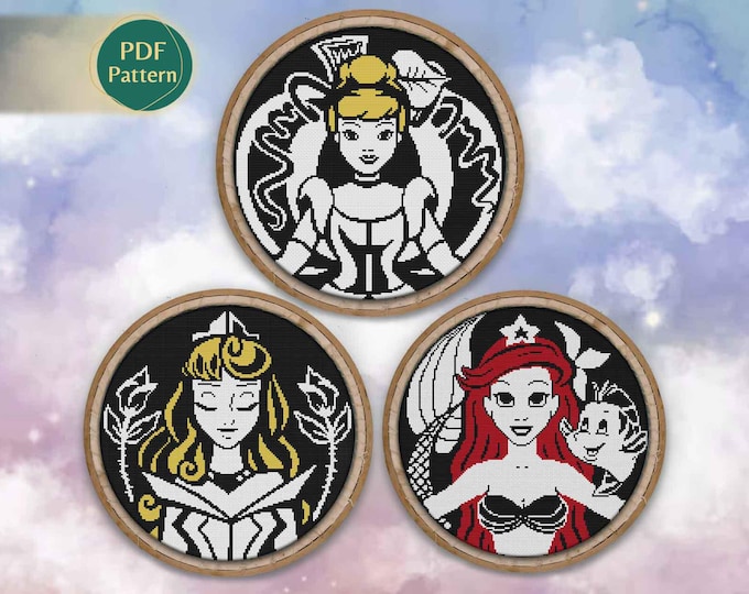 Princesses Cross Stitch PDF Pack – 3 Patterns: Cinderella, Aurora y Ariel, Sleeping Beauty, Little Mermaid, Magic, Sea & Pumpkins,