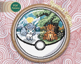 Vulpix & Alolan Vulpix Cross Stitch PDF – Fire and Ice Pokeball Pattern, Spring and Winter Stitch, Snowflake, Cottagecore, Instant Download