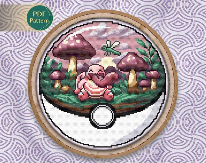 Lickitung Pokeball Cross Stitch PDF – Normal Type Pattern, Counted Stitch, Nature, Mushrooms, Dragonfly, Pastel Colours, Instant Download