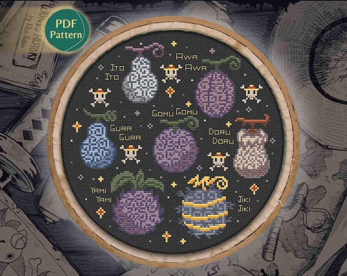 Devil Fruits Cross Stitch PDF – One Piece Pattern, Gomu Gomu, Yami Yami, Gura Gura, Anime Design, Pirate Ship, Instant Download
