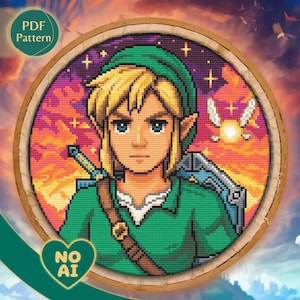 Modèle de point de croix Link Pixel Art : épée, bouclier, fée (modèle PDF)
