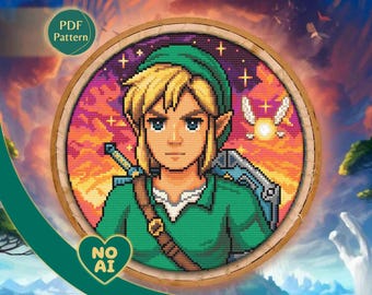 Link Pixel Art Cross Stitch Pattern: Sword, Shield, Fairy (PDF Pattern)