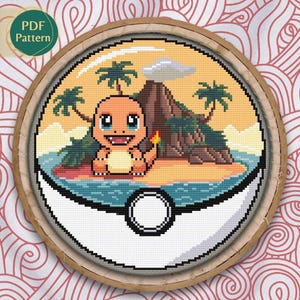 Charmander Pokeball Cross Stitch PDF – Fire Type Pattern, Island Sunset, Ocean, Palms, Counted Stitch, Instant Download
