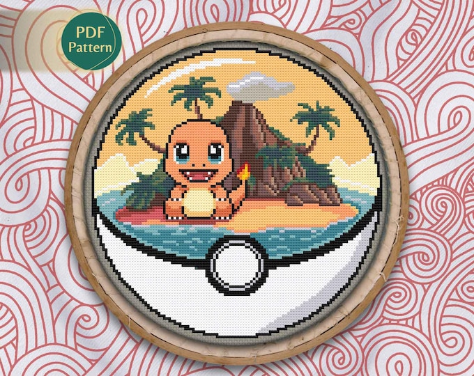 Charmander Pokeball Cross Stitch PDF – Fire Type Pattern, Island Sunset, Ocean, Palms, Counted Stitch, Instant Download