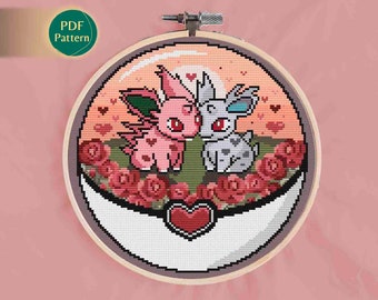 Poison Type Cross Stitch Pattern, Pokeball terrarium Nidoran in love, Cross stitch, Valentine's Day Special Edition, In love, Red Roses