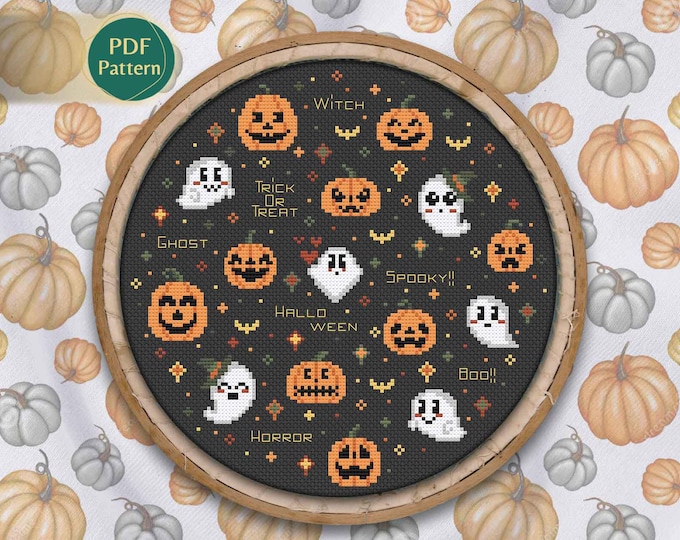 Halloween Party Cross Stitch PDF – Gothic Style, Witch Silhouette, Bats, Trick or Treat, Spooky Décor, Instant Download