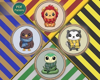 Wizard House Starter Cross Stitch PDF Pack – 4 Patterns: Lion, Snake, Badger, Eagle, Hedwig & Nagini, Magic School Design, Instant Download
