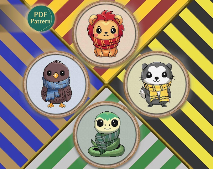Wizard House Starter Cross Stitch PDF Pack – 4 Patterns: Lion, Snake, Badger, Eagle, Hedwig & Nagini, Magic School Design, Instant Download