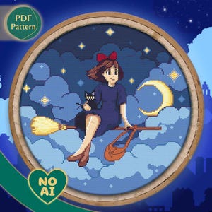 Patrón punto de cruz inspirado en Kiki's Delivery Service en terrario Chibi de Tejados al Atardecer con Jiji