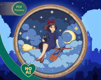 Kiki's Delivery Service Inspired Jiji Cat Chibi Rooftop Sunset Terrarium Cross Stitch Pattern PDF