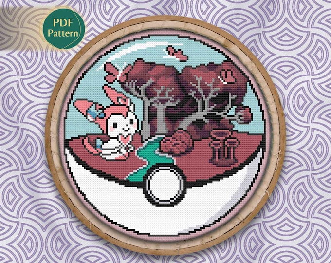 Sylveon Pokeball Cross Stitch PDF – Fairy Type Pattern, Kawaii Eeveelution, Pink Fox, Enchanted Forest, Instant Download