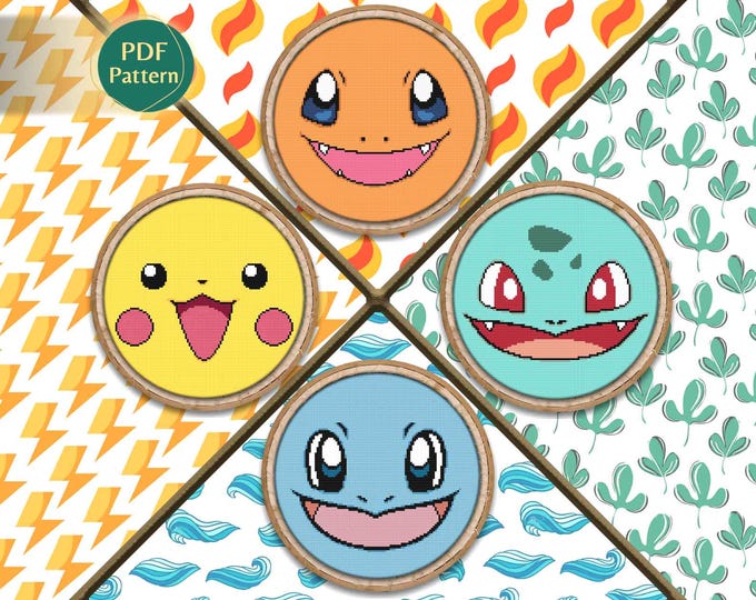 Cute Creatures Cross Stitch PDF Pack – 4 Patterns: Kawaii Elemental Animals, Fire, Water, Grass & Electric Types, Instant Download