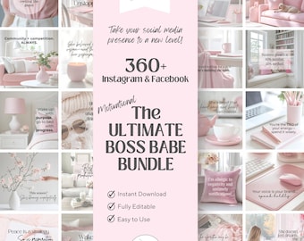 May include: A pink and white graphic featuring the text "The Ultimate Boss Babe Bundle" with the Canva logo. The image includes motivational quotes and images for social media content, with the words "Instant Download", "Fully Editable", and "Easy to Use".