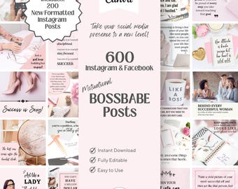 May include: A pink and white digital marketing graphic with the text "600 Instagram & Facebook Motivational Bossbabe Posts" and a checklist of features: Instant Download, Fully Editable, Easy to Use. The graphic is surrounded by smaller images of inspirational quotes and images.